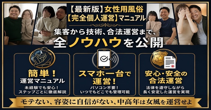 女性用風俗、個人運営完全マニュアル!出会いがない、モテない男性こそ女性用風俗を無料個人運営せよ