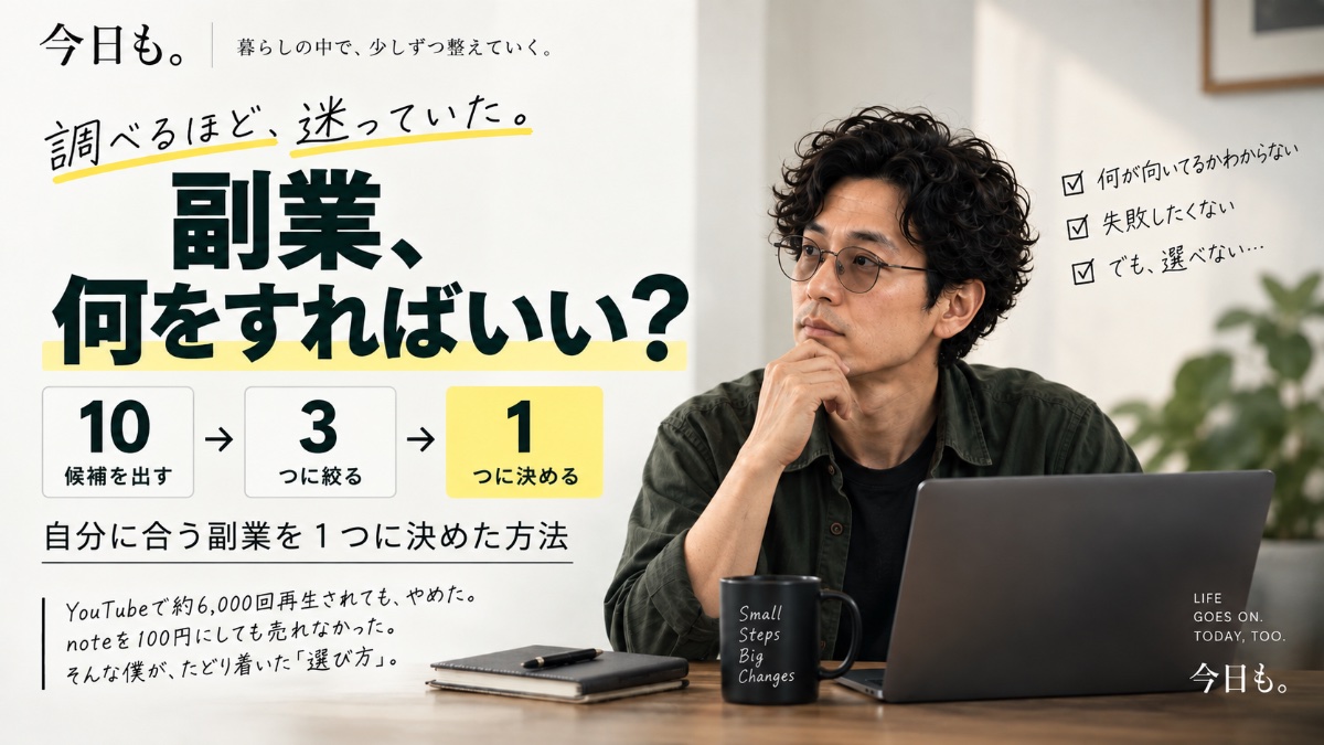 副業、何をすればいい?|自分に合う副業の選び方を、失敗した僕が「10→3→1」で決めた方法。YouTubeで約6,000回再生されてもやめた。noteを100円にしても売れなかった。